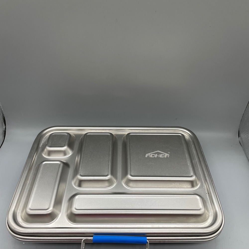 Aohea Stainless Steel Bento Box 5 Compartment Metal Lunch Box Blue Handle